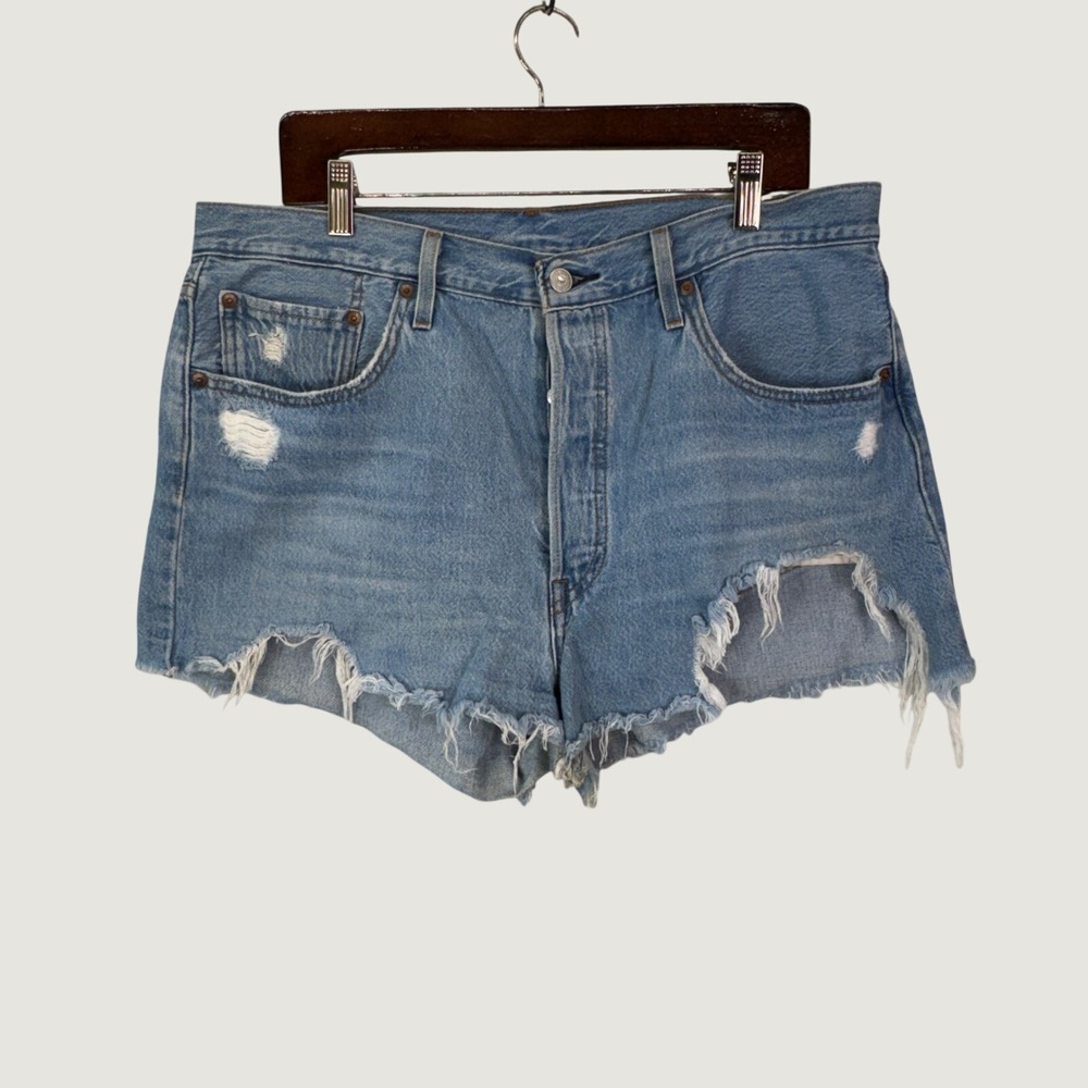 Levi's 501 Original Distressed Denim Shorts Womens 33 Blue High Rise Cutoffs